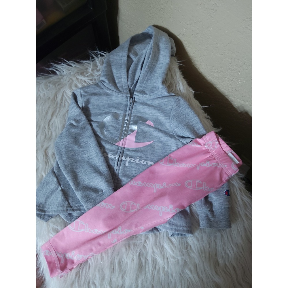 Champion Girls 2 Piece Hoodie and Leggings Set Gray Pink Logo Activewear